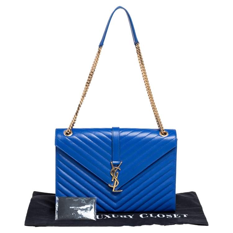 Pre Owned Saint Laurent Blue Quilted Leather Monogram Envelope Shoulder Bag