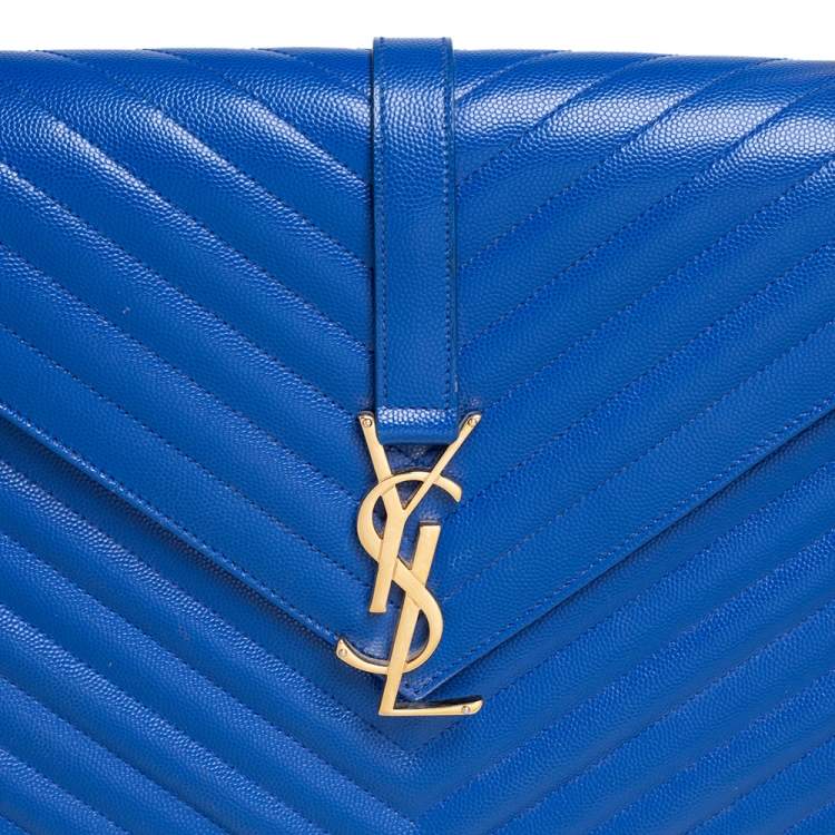Pre Owned Saint Laurent Blue Quilted Leather Monogram Envelope Shoulder Bag