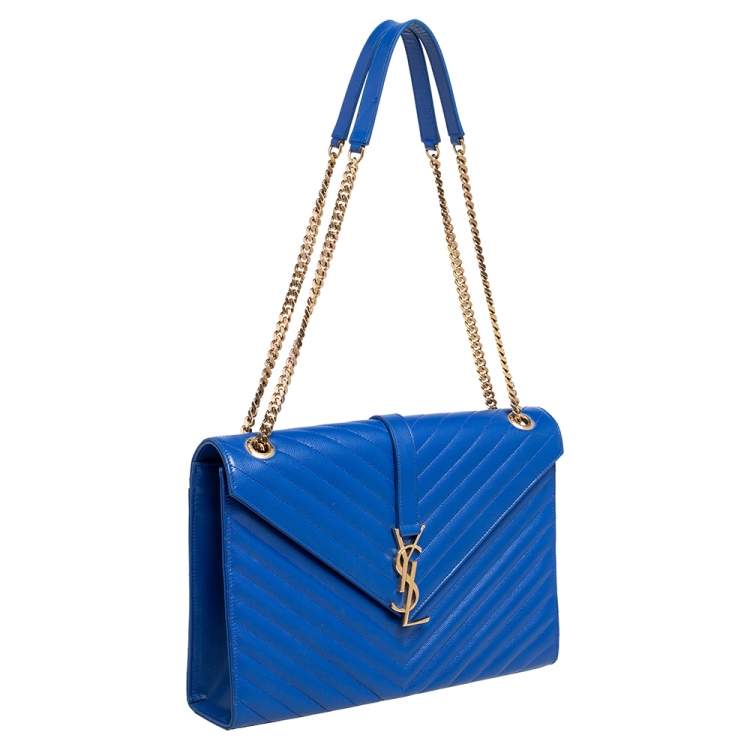Pre Owned Saint Laurent Blue Quilted Leather Monogram Envelope Shoulder Bag