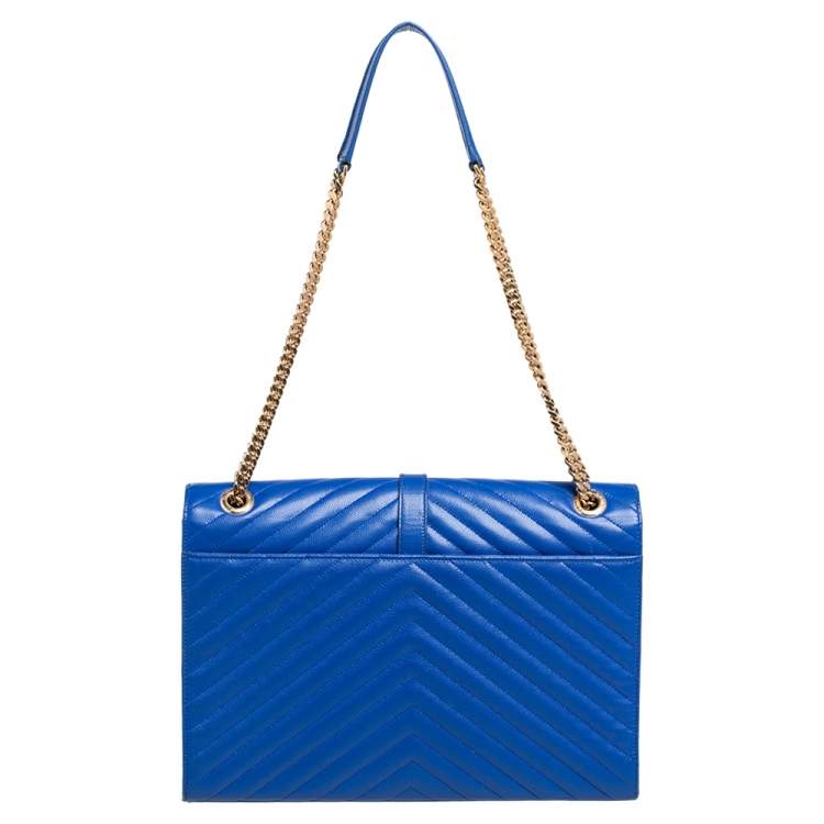 Pre Owned Saint Laurent Blue Quilted Leather Monogram Envelope Shoulder Bag
