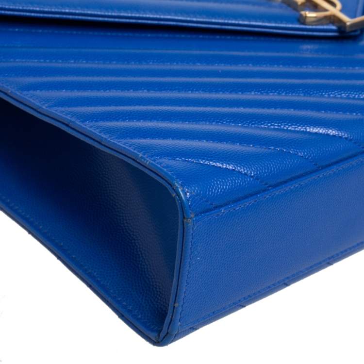 Pre Owned Saint Laurent Blue Quilted Leather Monogram Envelope Shoulder Bag