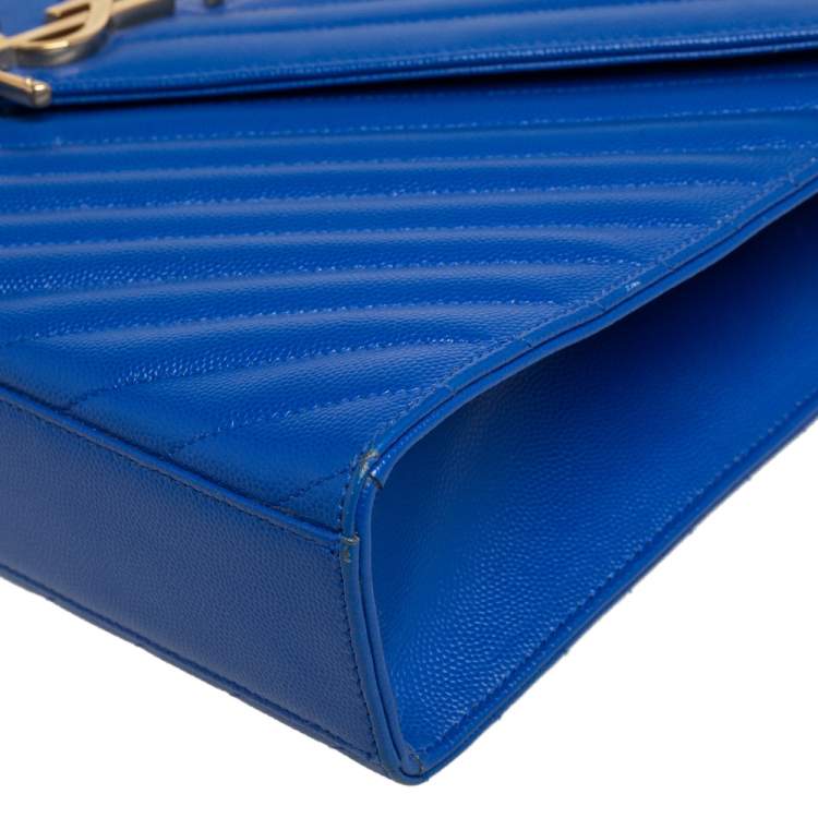 Pre Owned Saint Laurent Blue Quilted Leather Monogram Envelope Shoulder Bag