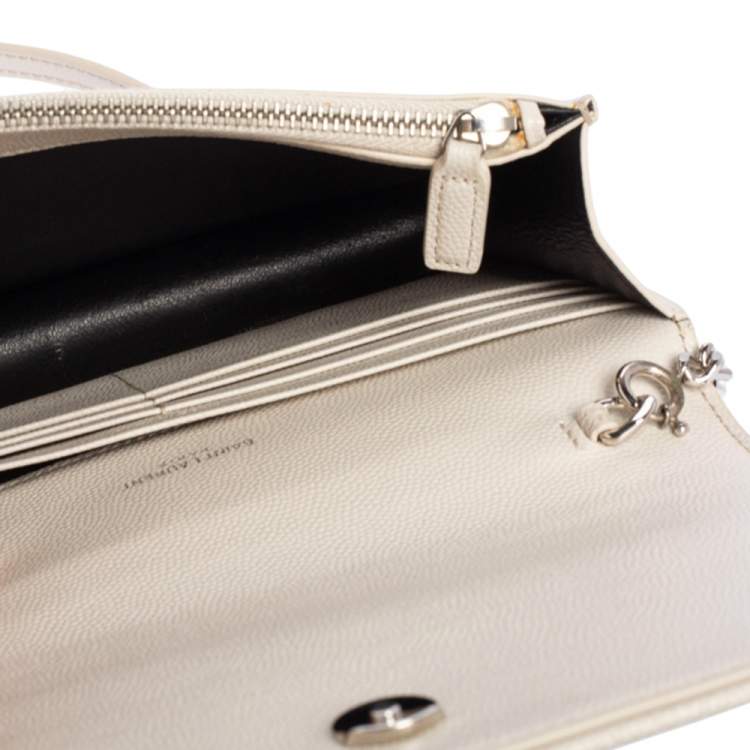 Pre Owned Saint Laurent White Grained Leather Kate Wallet on Chain