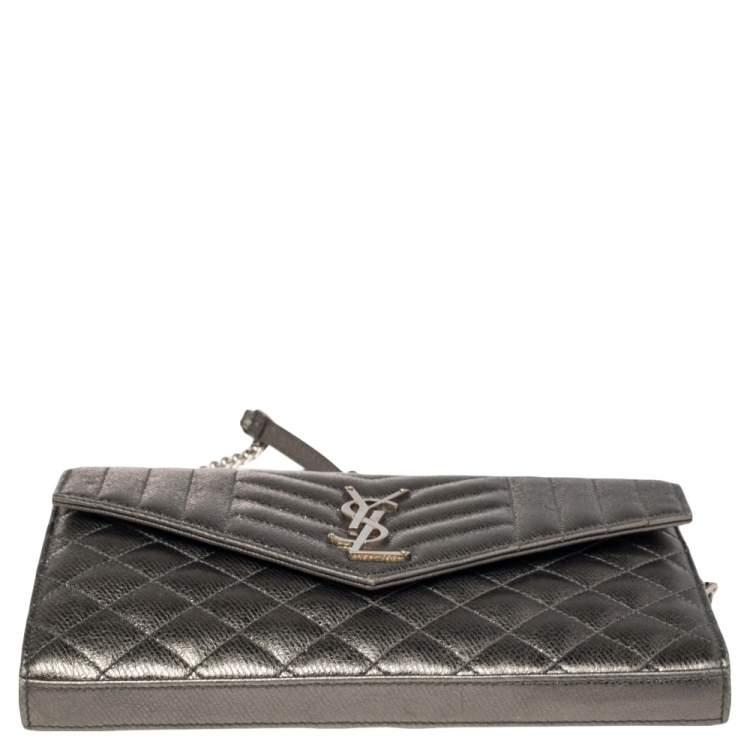 Pre Owned Saint Laurent Metallic Pale Green Tri Quilted Leather Monogram Envelope Chain Shoulder Bag
