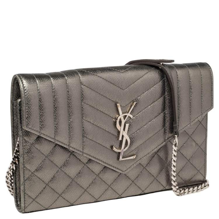 Pre Owned Saint Laurent Metallic Pale Green Tri Quilted Leather Monogram Envelope Chain Shoulder Bag
