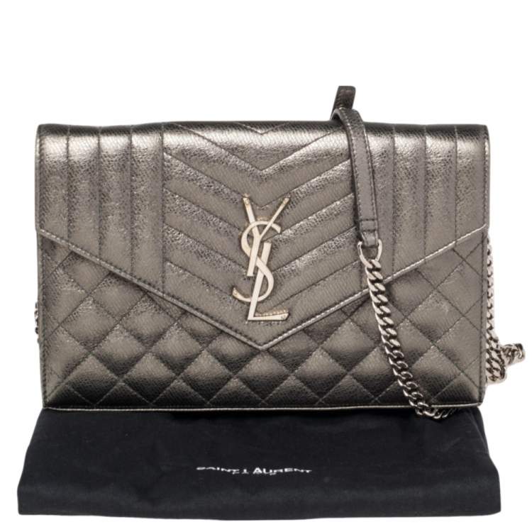 Pre Owned Saint Laurent Metallic Pale Green Tri Quilted Leather Monogram Envelope Chain Shoulder Bag