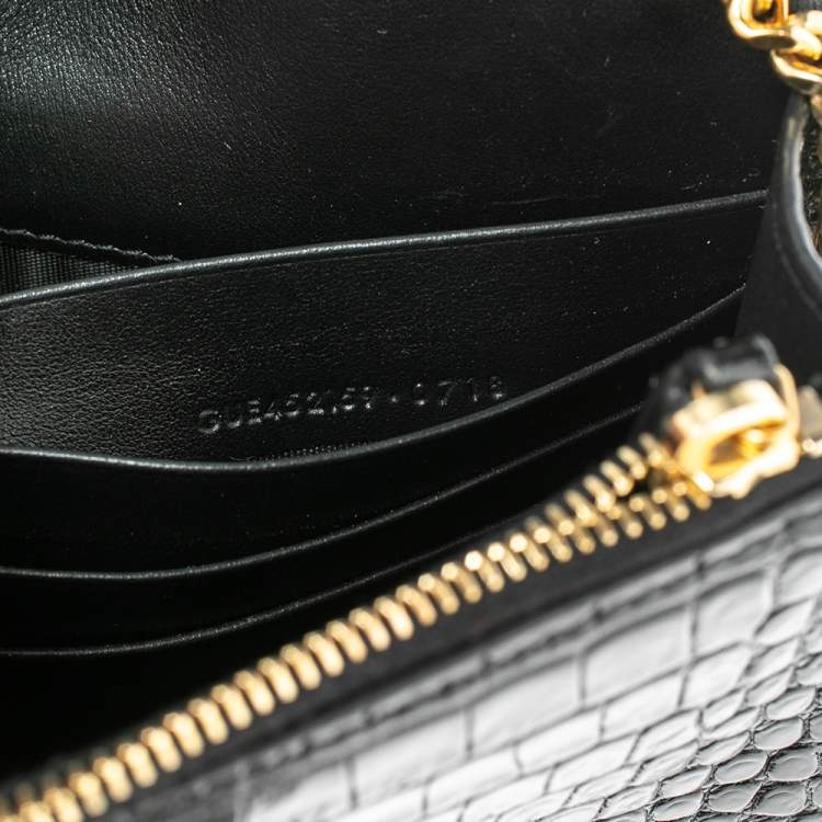 Pre Owned Saint Laurent Black Croc Embossed Leather Kate Wallet On Chain