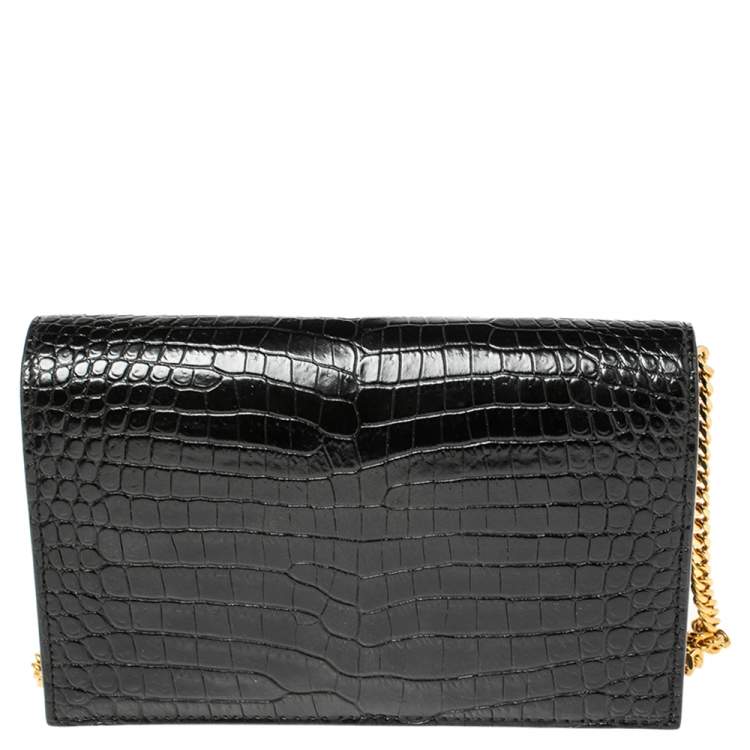 Pre Owned Saint Laurent Black Croc Embossed Leather Kate Wallet On Chain
