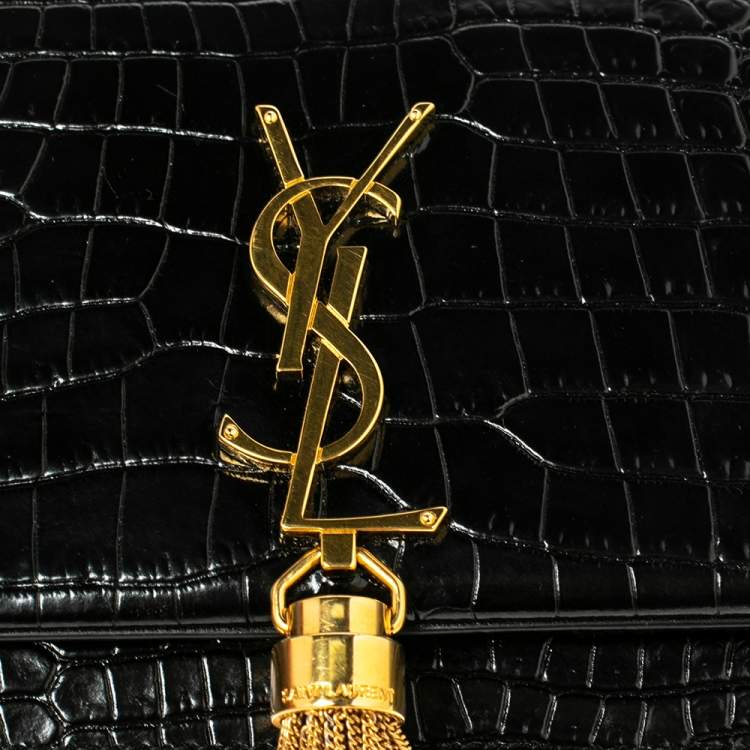 Pre Owned Saint Laurent Black Croc Embossed Leather Kate Wallet On Chain