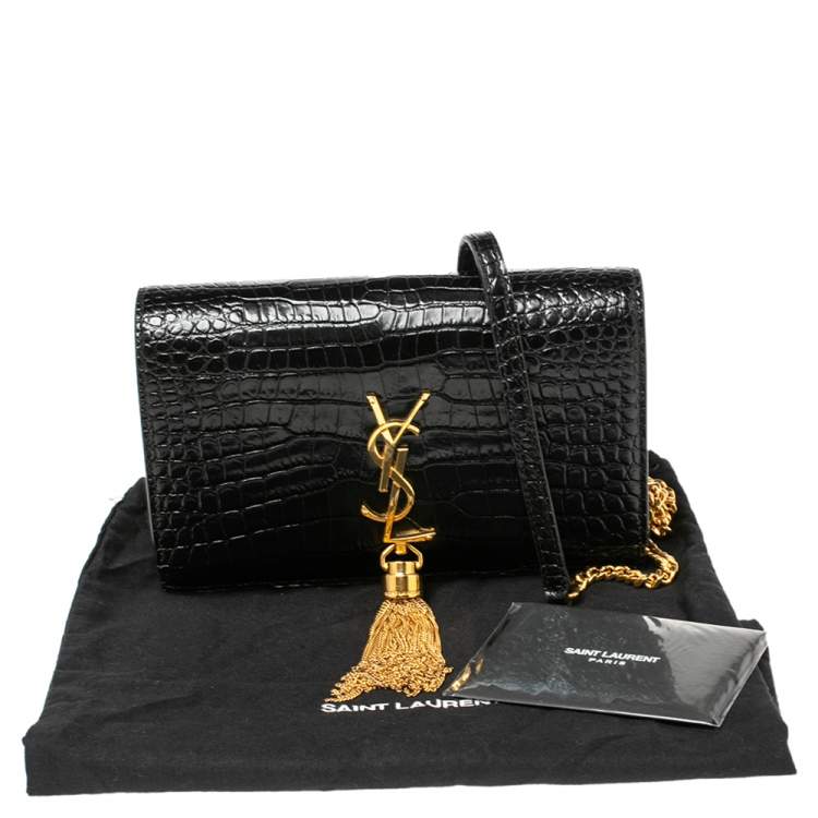 Pre Owned Saint Laurent Black Croc Embossed Leather Kate Wallet On Chain