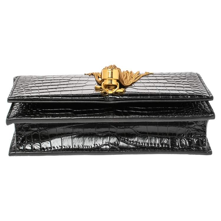 Pre Owned Saint Laurent Black Croc Embossed Leather Kate Wallet On Chain
