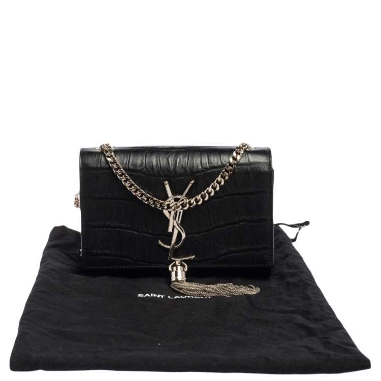 Pre Owned Saint Laurent Black Croc Embossed Leather Kate Shoulder Bag