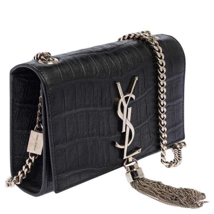 Pre Owned Saint Laurent Black Croc Embossed Leather Kate Shoulder Bag