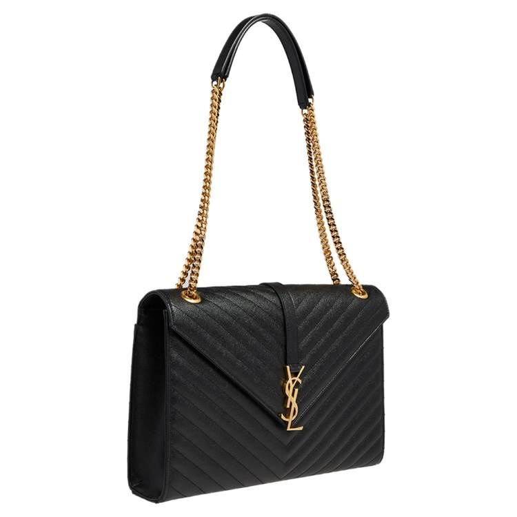 Pre Owned Saint Laurent Black Chevron Quilted Leather Monogram Envelope Shoulder Bag
