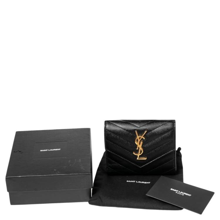 Pre Owned Saint Laurent Black Matelassé Leather Monogram Trifold Wallet