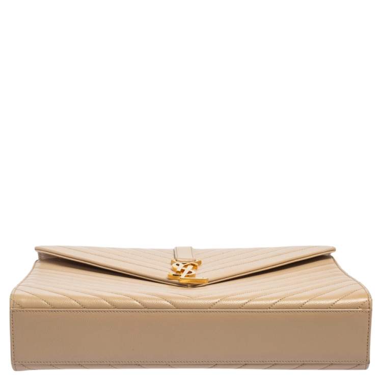Pre Owned Saint Laurent Beige Matelassé Leather Monogram Envelope Shoulder Bag