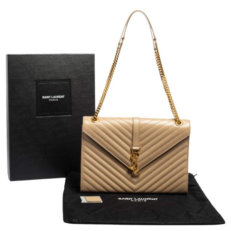 Pre Owned Saint Laurent Beige Matelassé Leather Monogram Envelope Shoulder Bag