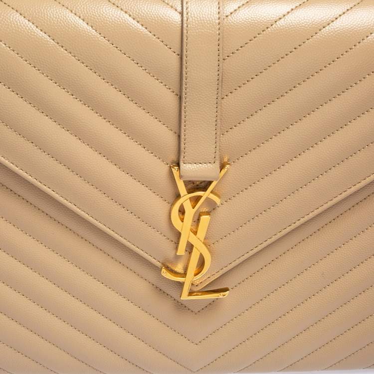 Pre Owned Saint Laurent Beige Matelassé Leather Monogram Envelope Shoulder Bag