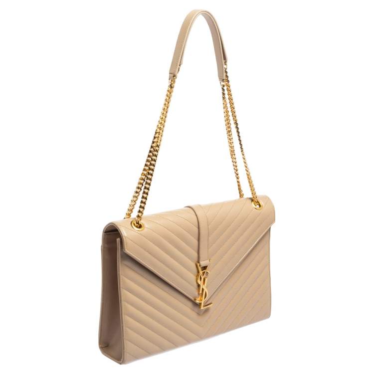 Pre Owned Saint Laurent Beige Matelassé Leather Monogram Envelope Shoulder Bag