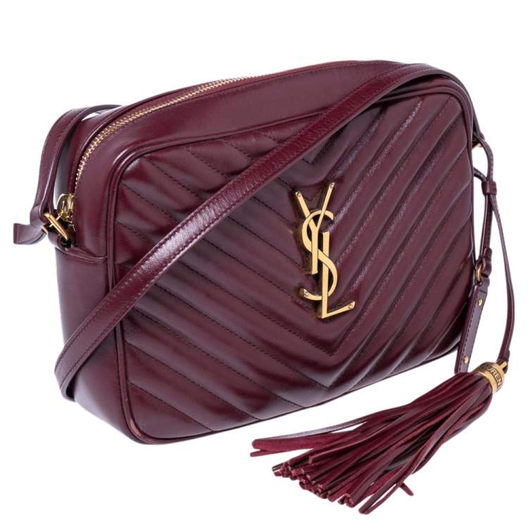 Pre Owned Saint Laurent Burgundy Matelassé Leather Monogram Lou Camera Crossbody Bag