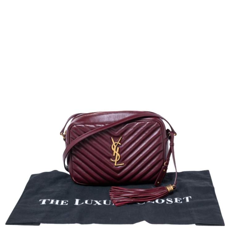 Pre Owned Saint Laurent Burgundy Matelassé Leather Monogram Lou Camera Crossbody Bag