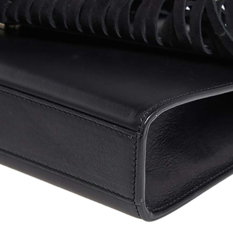 Pre Owned Saint Laurent Black Leather Medium Fringe Envelope Shoulder Bag