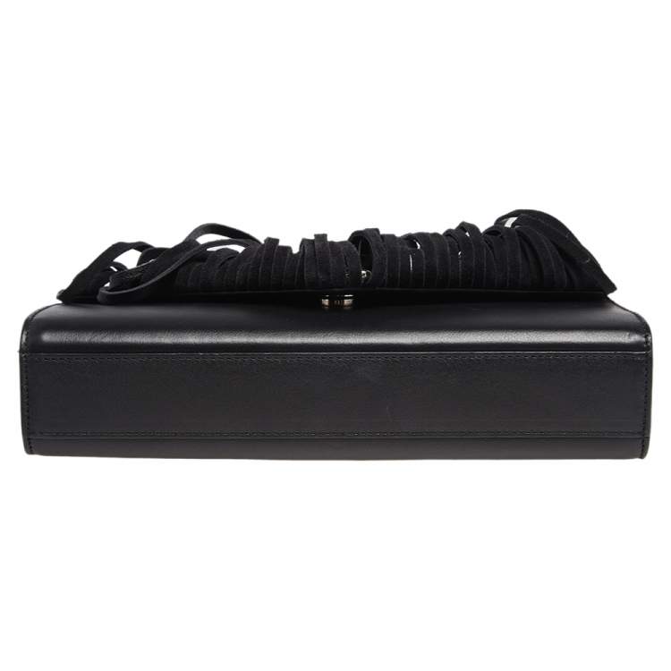 Pre Owned Saint Laurent Black Leather Medium Fringe Envelope Shoulder Bag