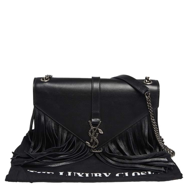 Pre Owned Saint Laurent Black Leather Medium Fringe Envelope Shoulder Bag