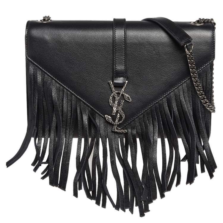 Pre Owned Saint Laurent Black Leather Medium Fringe Envelope Shoulder Bag