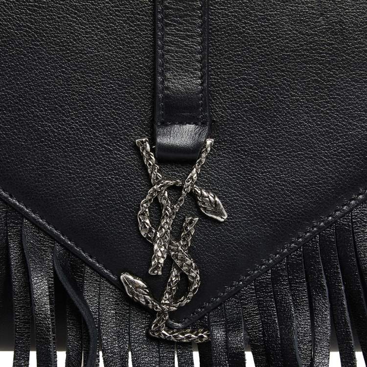 Pre Owned Saint Laurent Black Leather Medium Fringe Envelope Shoulder Bag