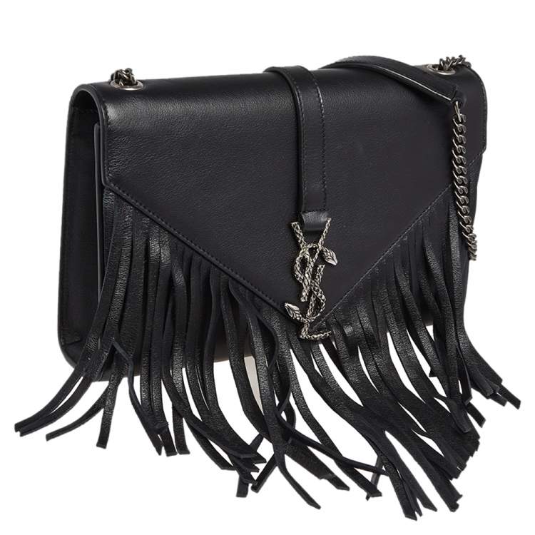 Pre Owned Saint Laurent Black Leather Medium Fringe Envelope Shoulder Bag