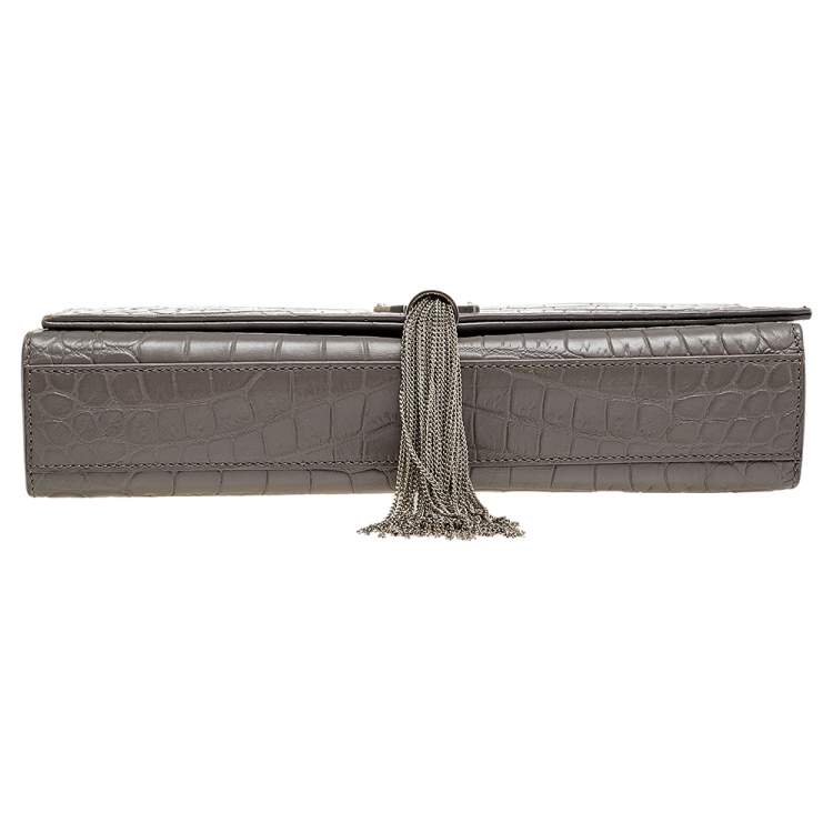 Pre Owned Saint Laurent Grey Croc Embossed Leather Medium Kate Monogram Tassel Shoulder Bag