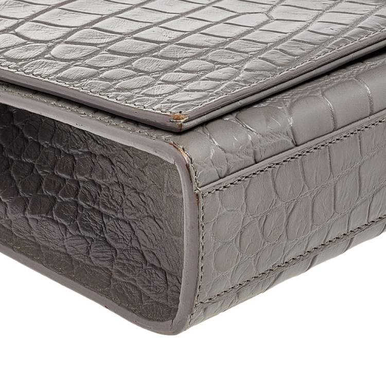 Pre Owned Saint Laurent Grey Croc Embossed Leather Medium Kate Monogram Tassel Shoulder Bag