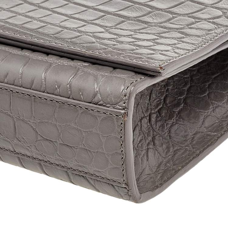 Pre Owned Saint Laurent Grey Croc Embossed Leather Medium Kate Monogram Tassel Shoulder Bag