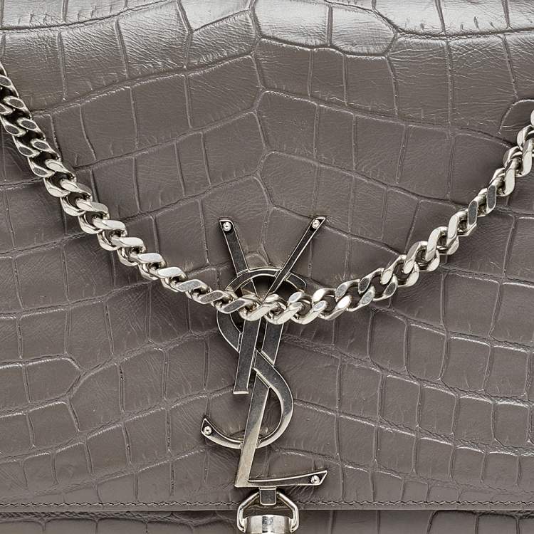 Pre Owned Saint Laurent Grey Croc Embossed Leather Medium Kate Monogram Tassel Shoulder Bag