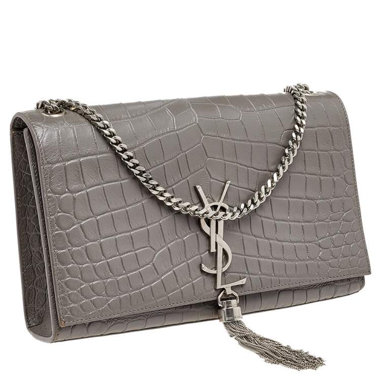 Pre Owned Saint Laurent Grey Croc Embossed Leather Medium Kate Monogram Tassel Shoulder Bag