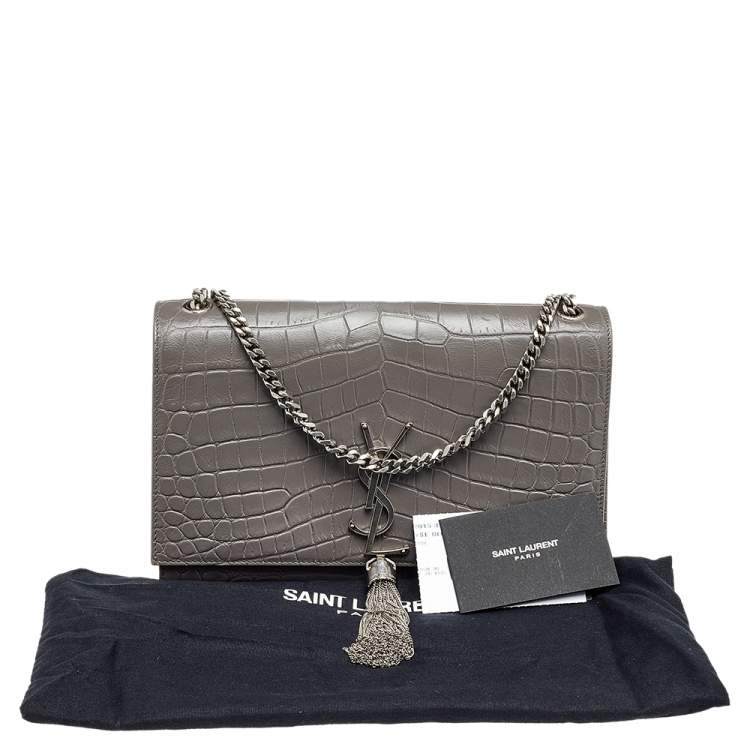 Pre Owned Saint Laurent Grey Croc Embossed Leather Medium Kate Monogram Tassel Shoulder Bag