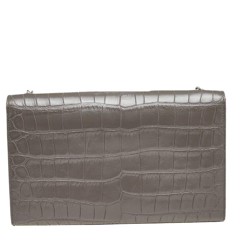Pre Owned Saint Laurent Grey Croc Embossed Leather Medium Kate Monogram Tassel Shoulder Bag