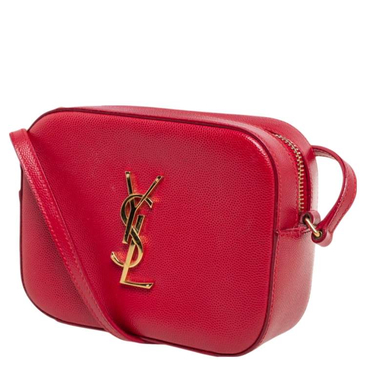 Pre Owned Saint Laurent Red Grained Leather Mini Monogram Camera Crossbody Bag