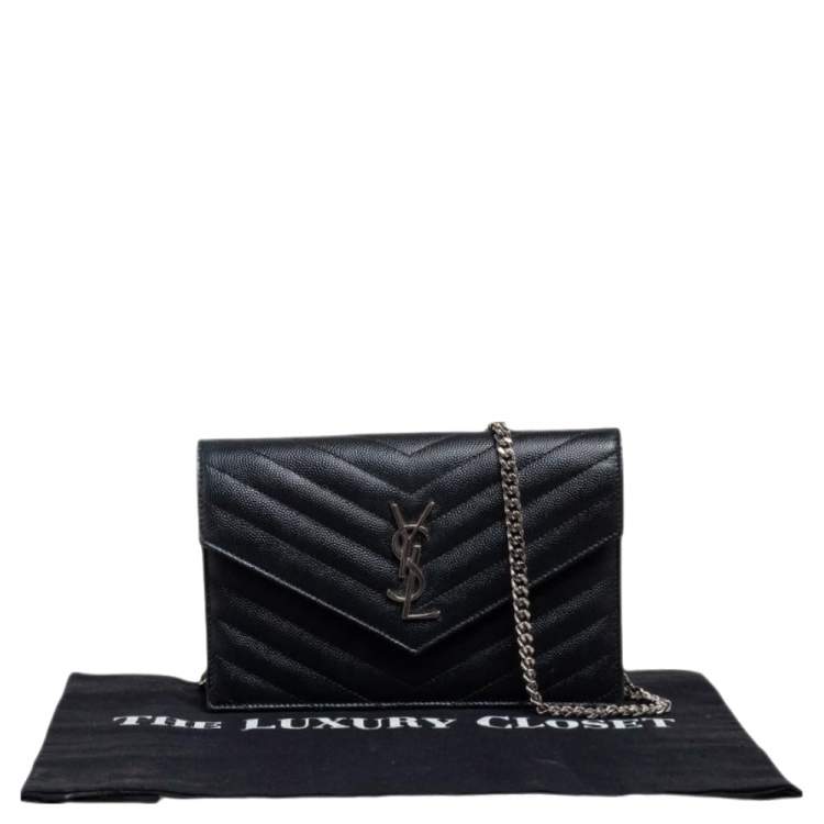 Pre Owned Saint Laurent Black Matelasse Leather Monogram Envelope Wallet on Chain