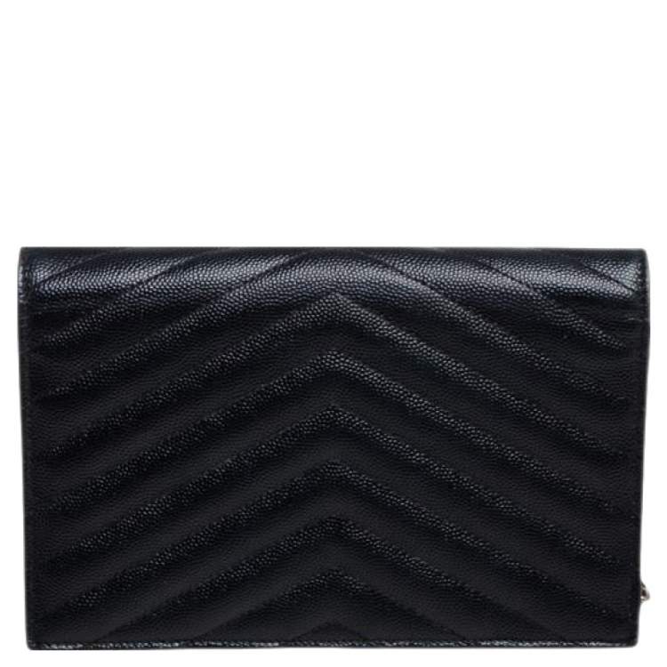 Pre Owned Saint Laurent Black Matelasse Leather Monogram Envelope Wallet on Chain