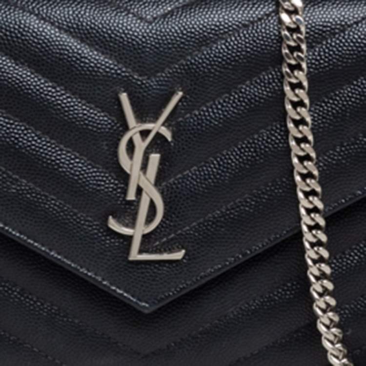 Pre Owned Saint Laurent Black Matelasse Leather Monogram Envelope Wallet on Chain