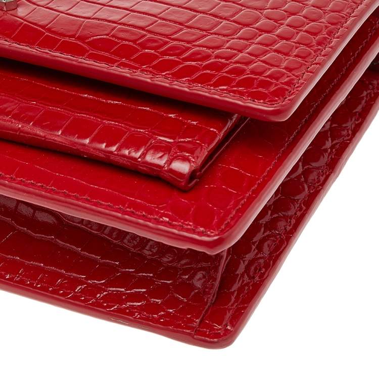 Pre Owned Saint Laurent Red Croc Embossed Leather Small Sunset Shoulder Bag