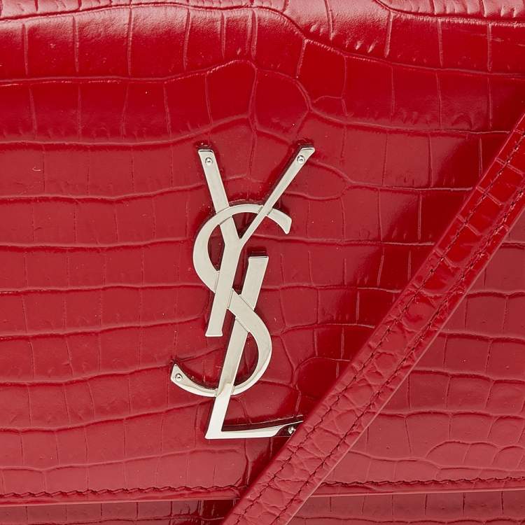 Pre Owned Saint Laurent Red Croc Embossed Leather Small Sunset Shoulder Bag