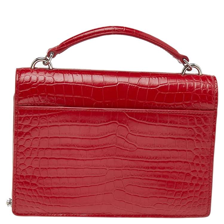 Pre Owned Saint Laurent Red Croc Embossed Leather Small Sunset Shoulder Bag