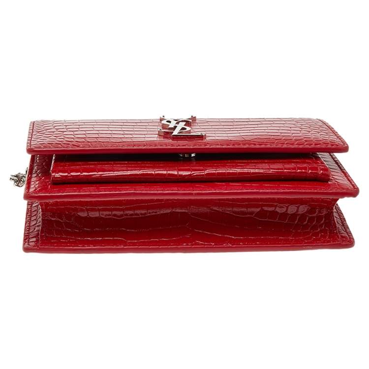 Pre Owned Saint Laurent Red Croc Embossed Leather Small Sunset Shoulder Bag