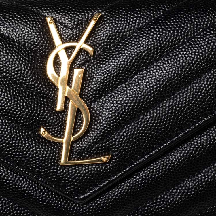 Pre Owned Saint Laurent Black Matelassé Leather Flap Monogram Wallet