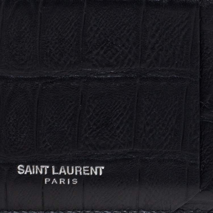 مملوكة مسبقًا Saint Laurent Black Croc Embossed Leather Zip Card Holder