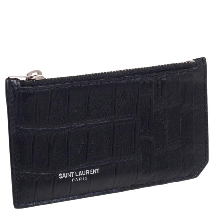 مملوكة مسبقًا Saint Laurent Black Croc Embossed Leather Zip Card Holder