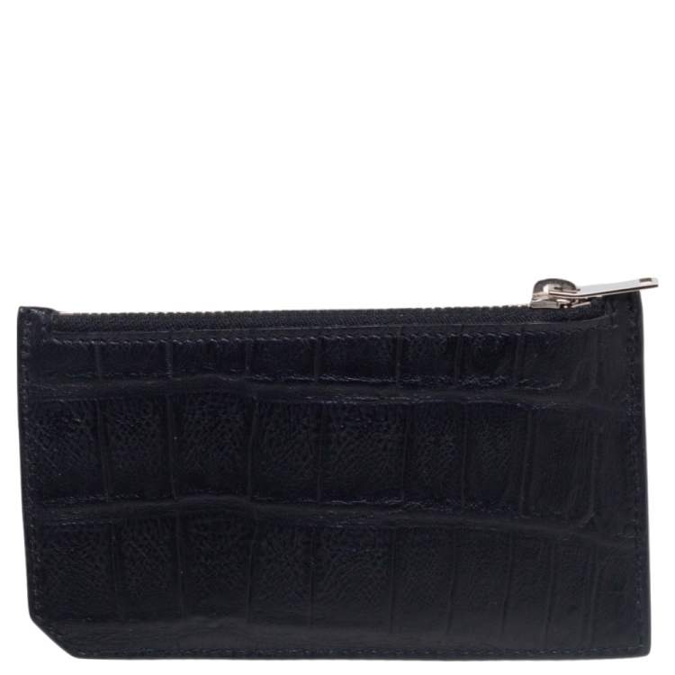 مملوكة مسبقًا Saint Laurent Black Croc Embossed Leather Zip Card Holder